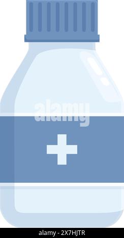 Vektorillustration der Flasche für medizinische Lösung mit blauer Kappe, isoliert auf weißem Hintergrund. Flaches Design Apotheke Medikamentenbehälter, Gesundheitswesen Symbol, einfache Grafik Stock Vektor