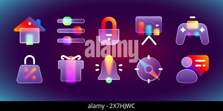 Transparentes Milchglas-Morphismus-ui-Symbole mit violettem Neonverlauf. Realistische matte Unschärfe-Tasten mit Glasmorphismus-Effekt für die Schnittstelle. Vektorbenachrichtigung, Geschenkbox, Einkaufstasche, Gamepad, Schloss. Stock Vektor