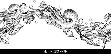 Oktopus, Algen in Wellenform mit Seesternen und Wasserblasen. Grafische Abbildung, handgezeichnet mit schwarzer Tinte. EPS-Vektor für nahtlose Musterbegrenzung. Stock Vektor