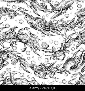 Kraken, Schildkröten, Wale, Quallen, Algen in Form einer Welle mit Seesternen und Wasserblasen. Grafische Abbildung, handgezeichnet mit schwarzer Tinte Stock Vektor