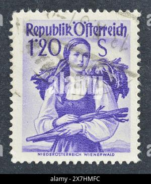 Gestempelte Briefmarke, gedruckt von Österreich, die Provinzkostüme - Niederösterreich, Wienerwald, um 1949 zeigt. Stockfoto