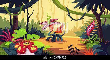 Tropische Landschaft mit Raubpflanzen. Monsterblumen, fleischfressende Gruselflora, außerirdische Planeten gefährliche Natur. Gruseliger Alien-Hintergrund, Cartoon Stock Vektor