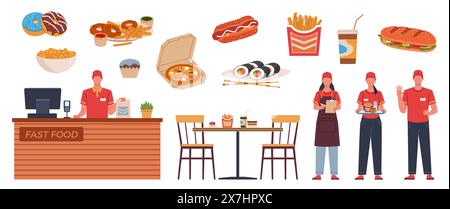 Cartoon-Fastfood-Arbeiter. Bistro-Kellner in Uniform, Café-Elemente, Möbel, Produkte und Verpackungen in flachem Stil, Pizza-Burger und Donuts Stock Vektor