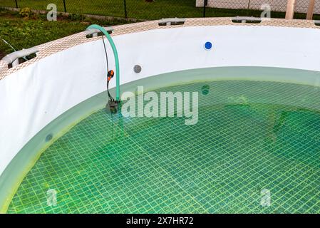 Entleeren von gebrauchtem Wasser aus einem Garten-Swimmingpool mit einer Hauswasserpumpe. Stockfoto