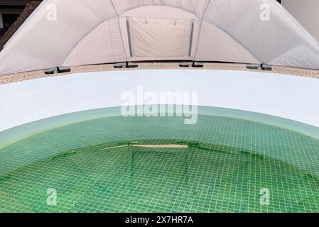 Entleeren von gebrauchtem Wasser aus einem Garten-Swimmingpool mit einer Hauswasserpumpe. Stockfoto