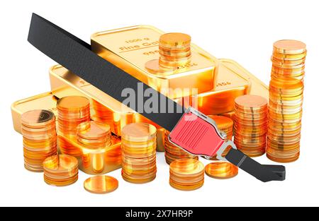 Goldene Münzen und Goldbarren mit Sicherheitsgurt. 3D-Rendering isoliert auf weißem Hintergrund Stockfoto