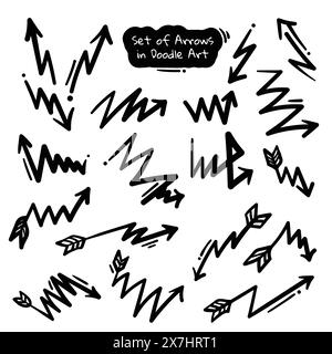 Satz handgezeichneter Pfeile in Zickzack-Form mit verschiedenen Richtungen und Anzahl einfacher Zickzack-Symbole für die Vorlage des Posters Stock Vektor