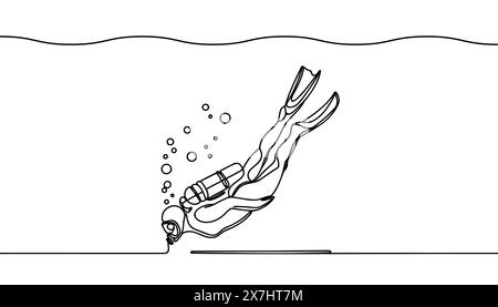 Durchgehende einzeilige Zeichnung der Illustration des Tauchers. Taucher unter dem Meer einfach umrissene Vektordesign Stock Vektor