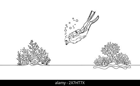 Durchgehende einzeilige Zeichnung der Illustration des Tauchers. Taucher unter dem Meer einfach umrissene Vektordesign Stock Vektor