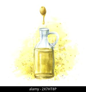 Olivenöl in Glasflasche. Olivenbeerfrucht mit einem Tropfen Öl auf Aquarellflecken spritzt Hintergrund. Handgezeichnete Lebensmittelillustration. Zum Kochen von Fett Stockfoto