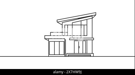 Modernes Haus- oder Geschäftsgebäude im durchgehenden Zeichnungsstil. Moderne Architekturskizze isoliert auf weißem Hintergrund. Vektorabbildung Stock Vektor