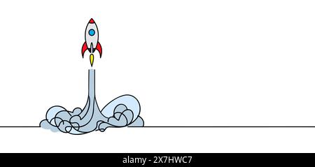 Ein Vektor für eine durchgehende Linienzeichnung. Raumschiff fliegt hoch. Start eines Raumschiffs mit Konzeptrakete Stock Vektor