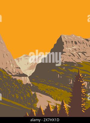WPA-Posterkunst des Grindelwaldtals mit Mattenberg im Hintergrund in der Schweiz in der Bauprojektverwaltung oder im Art déco-Stil Stock Vektor