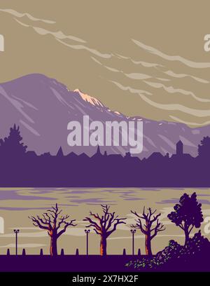 WPA-Posterkunst des Interlaken im Bezirk Interlaken-Oberhasli Bern im Berner Oberland der Schweizer Alpen in der Schweiz Stock Vektor