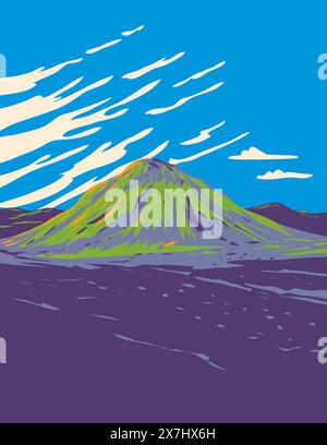WPA-Plakatkunst des Maelifell-Vulkans in Südisland in Arbeiten Projektverwaltung oder Art déco-Stil. Stock Vektor