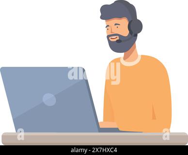 Fröhlicher Kundendienstmann mit Headset, der an einem Laptop arbeitet Stock Vektor