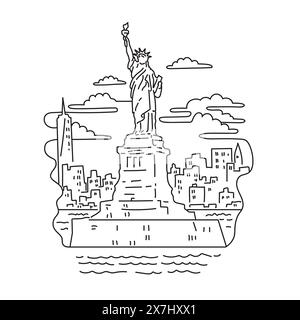 Mono-Line-Darstellung der Freiheitsstatue mit der Skyline von New York City auf Liberty Island im Hafen von New York in den Vereinigten Staaten von Amerika Stock Vektor
