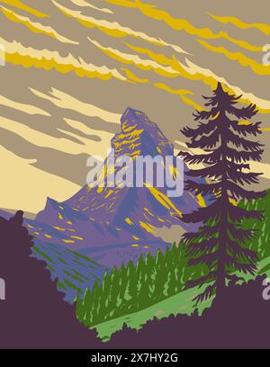 WPA-Posterkunst des Matterhorns mit Blick auf die Schweizer Stadt Zermatt im Kanton Wallis in der Schweiz in der Projektverwaltung oder Stock Vektor