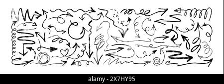 Handgezeichneter Holzkohlepfeil. Zeiger für die Kritzelrichtung, gestrichelte Pfeile, gekrümmte Striche oder gekrümmte Linien mit schwarzem Kreidestift isoliert auf weißem Hintergrund. Grunge-Stift-Kritzeleien oder Graphitkratzer Stock Vektor