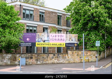 Letzte paar Wohnungen mit Incentive Available Schild, Berryhill Road, Giffnock, Glasgow, Schottland, Großbritannien, Europa Stockfoto