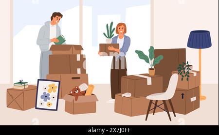 Das junge glückliche Paar bereitet sich auf den Umzug vor. Apartmentsachen packen. Boxen Heap. Auspacken von Innenartikeln. Umzug in neues Zuhause. Kartonbehälter Stock Vektor