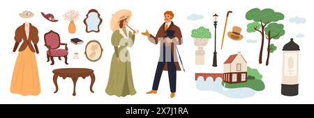 Gentleman und Lady Accessoires. Aristokraten in viktorianischer Kleidung. Retro-Outfits. Vintage-Objekte. Europäisches Bekleidungsmoden aus dem 19. Jahrhundert. Ein paar zu Fuß Stock Vektor