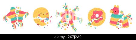 Gebrochene Pinata. Bunte Partydekorationen mit Konfetti und Geschenke für Kinder. Geburtstagsfeier. Mexikanischer Urlaub. Unterhaltung für Kinder. Gestreifter Stab Stock Vektor