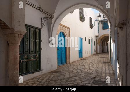 Traditionelle blaue Türen in den kopfsteingepflasterten engen Gassen der Kasbah oder Medina von Tunis, die zum UNESCO-Weltkulturerbe in der Hauptstadt gehört Stockfoto