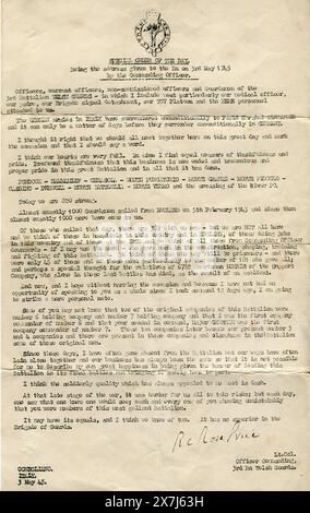 3. Battlalion Waliser Guards Wars beenden die BESONDERE REIHENFOLGE des TAGES. Diese Zirkulation wurde von Oberstleutnant Rose Price DSO, Befehlshaber des 3. Bataillons der Welsh Guards in Conegliano, Italien, am 3. Mai 1945 am Ende des Krieges in Italien gekämpft. 3. Bataillon Walisische Guards kämpften von Februar 1944 bis Mai 1945 mit der 1. Guards Brigade, 6. Panzerdivision. Stockfoto