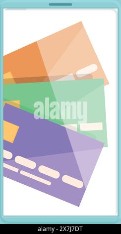 Stilisiertes Bild mit farbenfrohen virtuellen Kreditkarten auf dem Smartphone-Bildschirm Stock Vektor