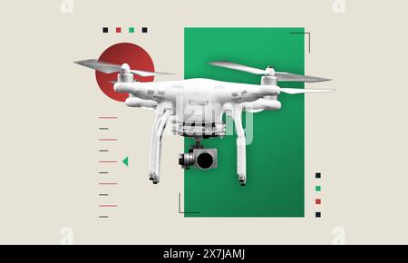 Drone Collage digitale zeitgenössische Kunst. Moderne Flugtechnologie zur Aufnahme von Luftaufnahmen und -Videos. Modernes geometrisches Design Stockfoto