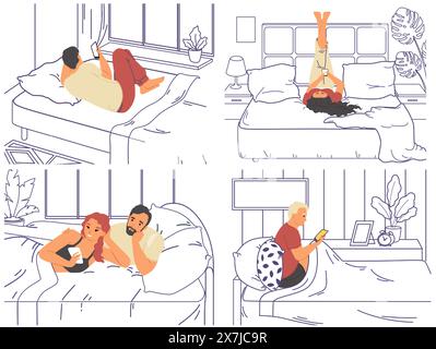 Mann Frau allein und Paar mit Handy in Bett Vektor Illustration Stock Vektor