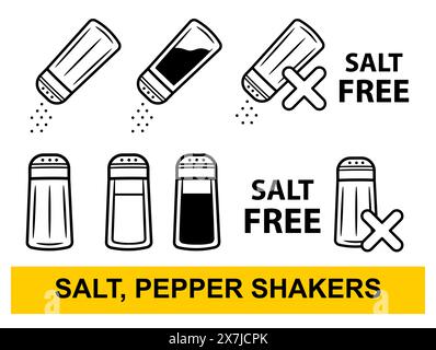Salz Pfeffer Gewürz Shaker Flasche, salzfreies Diät Essen, kein Natrium, Streusel Pulver essen Gewürze. Glas Salzkeller Kochutensil Line Symbol Set Stock Vektor