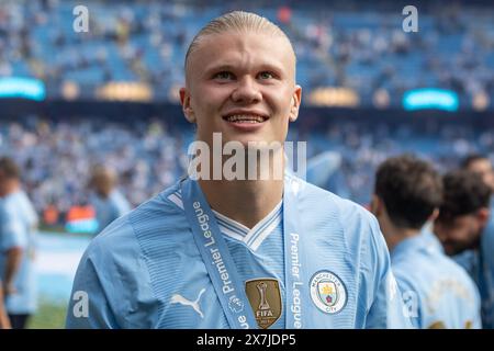 Manchester, Großbritannien. Mai 2024. Erling Haaland von Manchester City während des Premier League-Spiels Manchester City gegen West Ham United im Etihad Stadium, Manchester, Vereinigtes Königreich, 19. Mai 2024 (Foto: Mark Cosgrove/News Images) in Manchester, Vereinigtes Königreich am 19. Mai 2024. (Foto: Mark Cosgrove/News Images/SIPA USA) Credit: SIPA USA/Alamy Live News Stockfoto