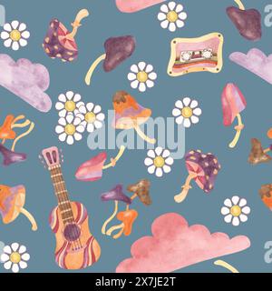 Nahtloses Muster mit Retro-Gitarre, Band, Wolken und Pilzen in Aquarellfarben. Vintage Hippie-Musik Textil-Clipart. Handgezeichneter nostalgischer Druck für Kleidung, Tapeten, Verpackung, Scrapbooking Stockfoto