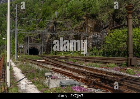 Züge und Bahnhof mit Peron im sonnigen Frühling heißen Morgen in Iselle Italien 05 11 2024 Stockfoto