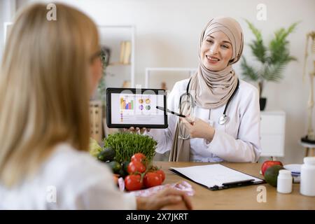 Patientin besucht arabische ernährungsberaterin im Hijab in der modernen Klinik. Stockfoto