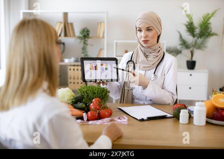 Patientin besucht arabische ernährungsberaterin im Hijab in der modernen Klinik. Stockfoto