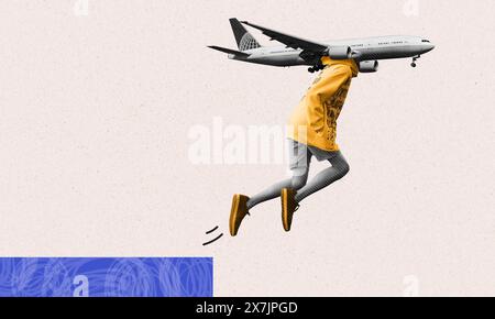 Sprung des Glaubens zeitgenössisches Collage-Kunstkonzept. Jemand, der aus einer Klippe springt und glaubt, er könne fliegen, Symbol des Vertrauens, neue Dinge auszuprobieren Stockfoto