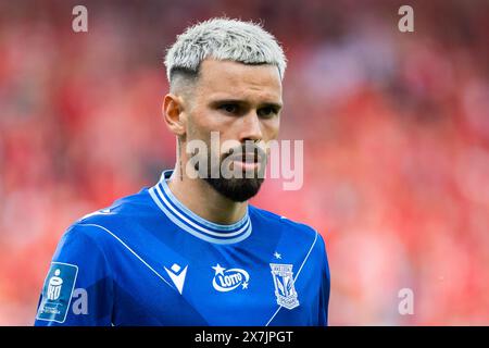 Kristoffer Velde aus Lech wurde während des polnischen PKO BP Ekstraklasa League-Spiels zwischen Widzew Lodz und Lech Poznan im Widzew Lodz Municipal Stadium gesehen. Stockfoto