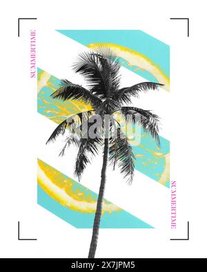 Palme zeitgenössische Collage Kunst. Sommer-Vibes Illustration, grüne Streifen, abstrakte orange wie Sonne. Digitales Poster mit einem Baum am Strand Stockfoto