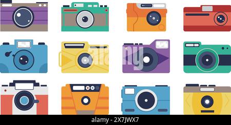 Vintage-Fotokameras. Retro-Kamera-Design, stylische, trendige Hipster-Accessoires. Fotoausrüstung für Studioaufnahmen, anständiges Vektorset Stock Vektor