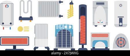 Heizung. Gaskessel und elektrische Heizkörper. Heizungslüfter, Klimaanlagen und Kühler. Sonnenwärme, Hauserwärmung anständige Vektorsymbole Stock Vektor