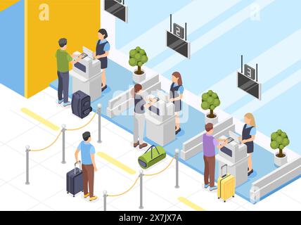 Isometrisches Gepäckband am Flughafen und Check-in-Service. Verfahren zur Registrierung von Fluggästen. Leute mit Koffern warten, makellose Vektorszene Stock Vektor