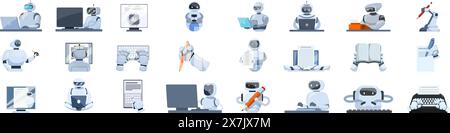 Roboter-Writer-Vektor. Eine Sammlung von Robotercharakteren mit verschiedenen Jobs und Aufgaben. Einige schreiben, andere schreiben und andere benutzen einen Computer Stock Vektor