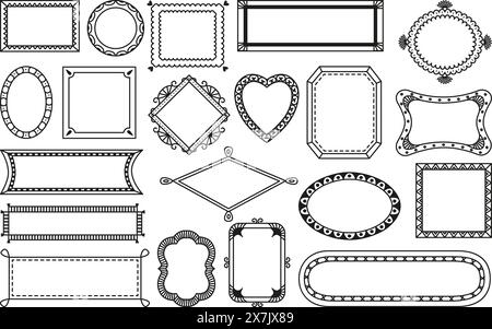 Handgezeichnete Rahmen. Dekorativer Kritzelrahmen, isolierte künstlerische Elemente für Dekor, Einladung, Kinder- oder Hochzeitskarten. Neoterische Vektorgruppe Stock Vektor
