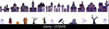 Alte Burg Geister Vektor. Eine Reihe von Häusern mit einem Halloween-Thema. Die Häuser sind mit Geistern, Hexen und Kürbissen dekoriert Stock Vektor