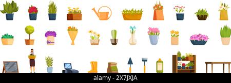 Blumengeschäft Innenvektor. Eine Sammlung von Topfpflanzen und Gartenwerkzeugen. Eine Frau hält einen Korb und schaut sich die Pflanzen an Stock Vektor