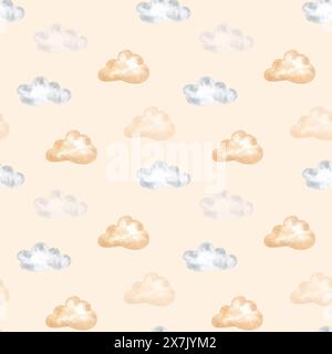 Wolken Cartoon Grau und Beige handgezeichnetes nahtloses Aquarellmuster. Für Stoff- oder Textildruck, Kinder Kinderzimmer Mode Design, Babydusche Stockfoto