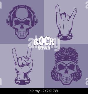 Rock-Skull-Musik-Gesten für harte Rock-Hände und Skull-Style mit flacher Tinte Stock Vektor